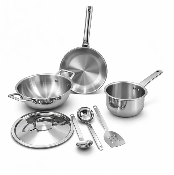Aanya Homecraft 7 Piece Trio Robust 18/10 Tri-Ply Stainless Steel Cookware & Kitchen Tool Set Induction Bottom Non-Stick Coated Cookware Set