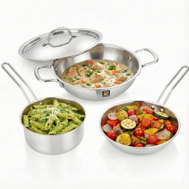 Human Hydro Prime Triply Cookware Combo – 16cm Sauce Pan, 22cm Fry Pan, 22cm Kadai with Lid Induction Bottom Cookware Set