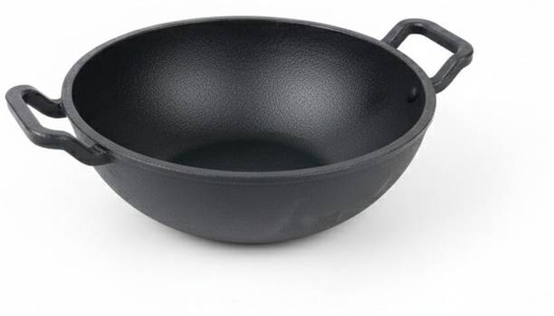 OMORTEX Pre-Seasoned Cast Iron Kadai with Curved Handle 10 inch Kadhai, 2.5 L Induction Bottom Cookware Set