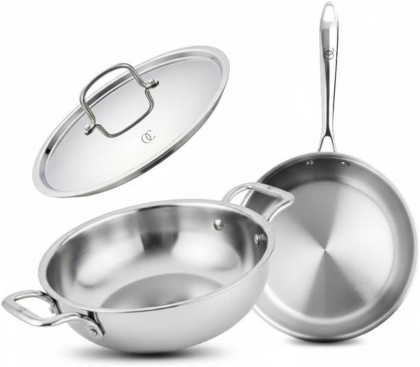 Omichef Primax (20CM) Triply Stainless Steel Cookware Set Of 2 Pcs Kadhai, Frypan & Lid, Induction Bottom Cookware Set