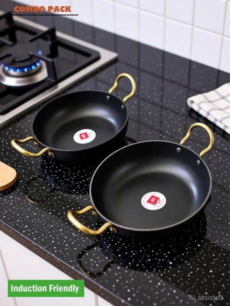 LAZYwindow Traditional Iron Deep Bottom Kadhai / Frying Kadhai with Handle Induction Bottom Cookware Set