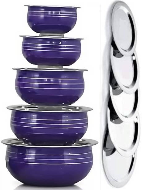 LIMETRO STEEL Set of 5 Flat Base Handi with Lid / Urli Set / Steel (Blue) Cookware Set