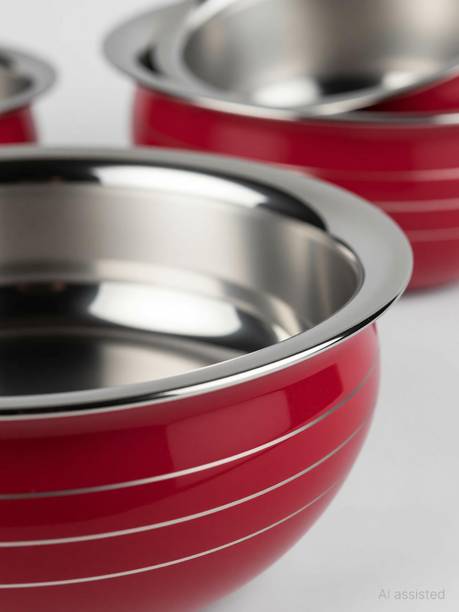 Nirvika Stainless Steel handi Color Coating Red set of 5 piece (5 Pieces, 350 ML, 550 ML, 750 ML, 1200 ML, 1650 ML) Cookware Set