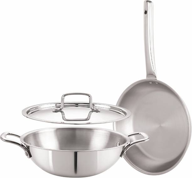 iVBOX Platina-3pcs Triply Steel Fry pan and Kadhai With Lid Induction Bottom Cookware Set