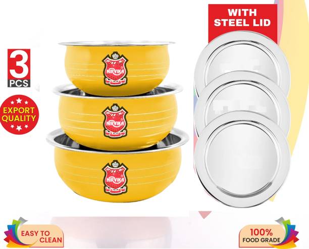 Nirvika Pack of 3 Stainless Steel Powder Coating Yellow handi with Lid 0.750 L, 1.100 L, 1.500 L Dinner Set