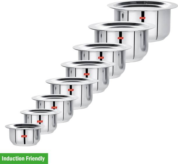Sumeet Stainless Steel Mini to Big Size Flat Bottom Induction & Gas Stove Friendly Tope / Patila / Cookware Set of 8Pcs with Lids (370ML, 550ML, 800ML, 1100ML,1400ML, 1800ML, 2300ML, 3000ML) Induction Bottom Cookware Set