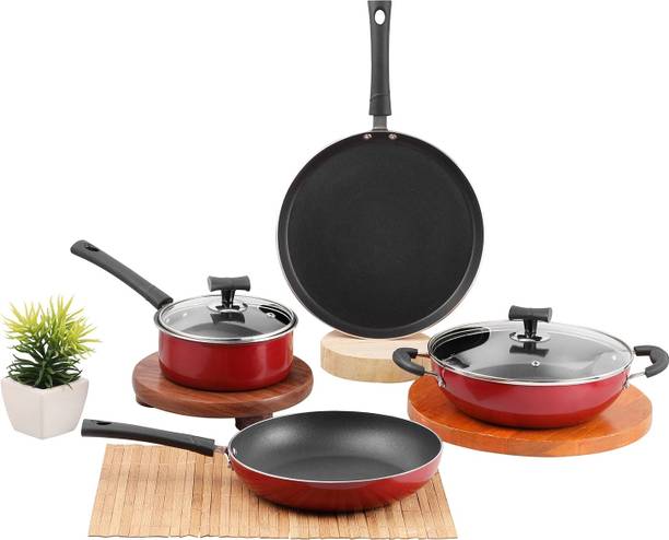 VINOD Popular Non-Stick Induction Friendly 4 Pcs Cookware Set - Kadai with Lid 24cm Induction Bottom Non-Stick Coated Cookware Set