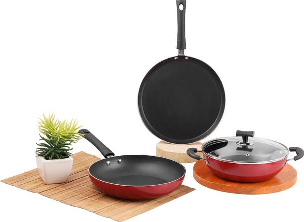 VINOD Popular Non-Stick 3 pcs Cookware Combo Set - Kadai with Lid 24cm Induction Bottom Non-Stick Coated Cookware Set