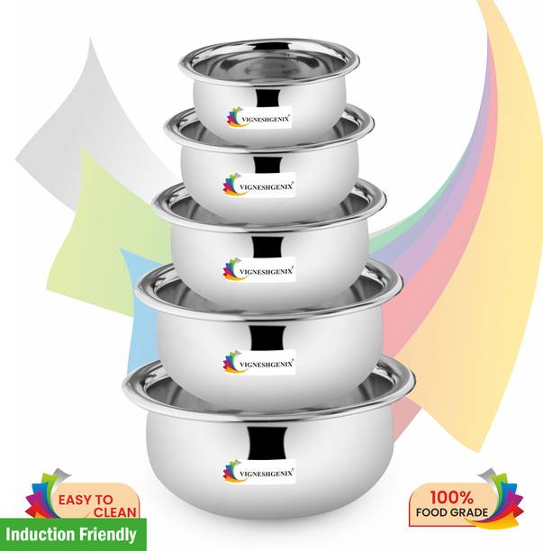 Vigneshgenix Stainless Steel Handi 5 Pcs Set 1500ML,1100ML,800ML,600ML,400ML Induction Bottom Cookware Set