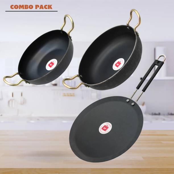 LAZYwindow Traditional Iron Deep Bottom Kadhai & Tawa Induction Bottom Non-Stick Coated Cookware Set