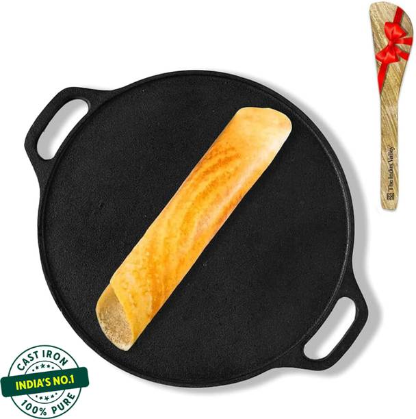 The Indus Valley Pre-seasoned Cast Iron Double Handle Tawa with Free Wooden Spatula | 11.8 inch Induction Bottom Cookware Set