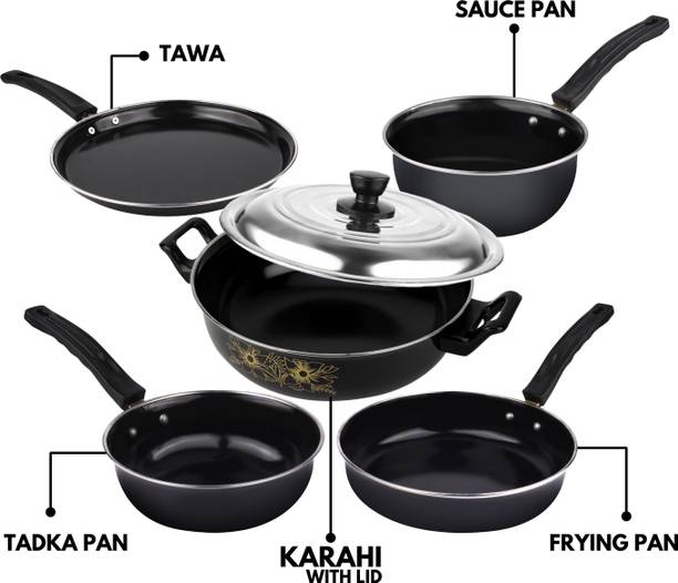 MY STORE Non-Stick Cookware Set (6 Pcs) Kadhai with Lid, Tawa, Frypan, Saucepan, Tadka - Induction Bottom Non-Stick Coated Cookware Set