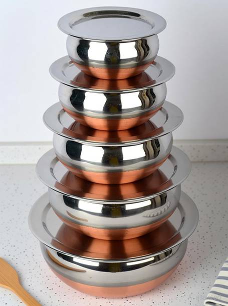 Nirvika Stainless Steel Copper bottom Serving & Cooking Bowl with Lids Non-Stick Coated Cookware Set