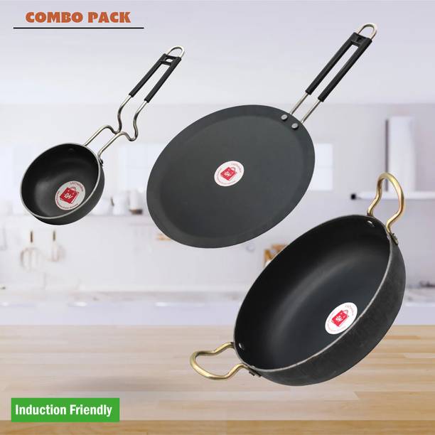 LAZYwindow Traditional Iron Tawa, Tadka Pan And Deep Bottom Kadhai Induction Bottom Cookware Set