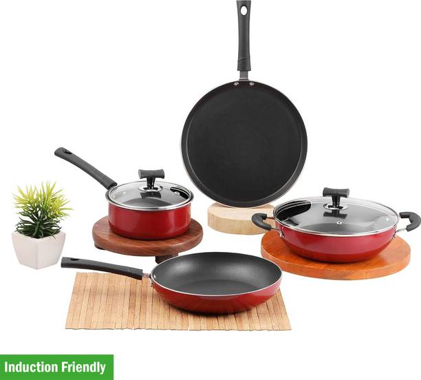 VINOD Popular Non-Stick Induction Friendly 4 Pcs Cookware Set - Kadai with Lid 24cm Induction Bottom Non-Stick Coated Cookware Set