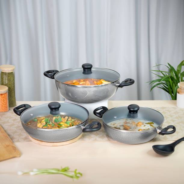 Kreme DELUXE 3mm Kadai 2.5L + 3.5L + 4.5L Induction Bottom Non-Stick Coated Cookware Set