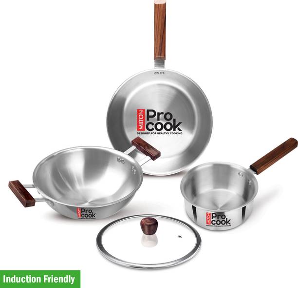 MILTON Procook Triply Stainless Steel 4pc with Wood Handle Saucepan Frypan Kadhai & lid Induction Bottom Cookware Set