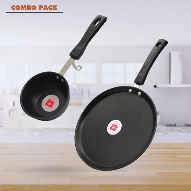 LAZYwindow Nonstick Tadka Pan & Tawa Combo (Black And Base Grey) Induction Bottom Non-Stick Coated Cookware Set