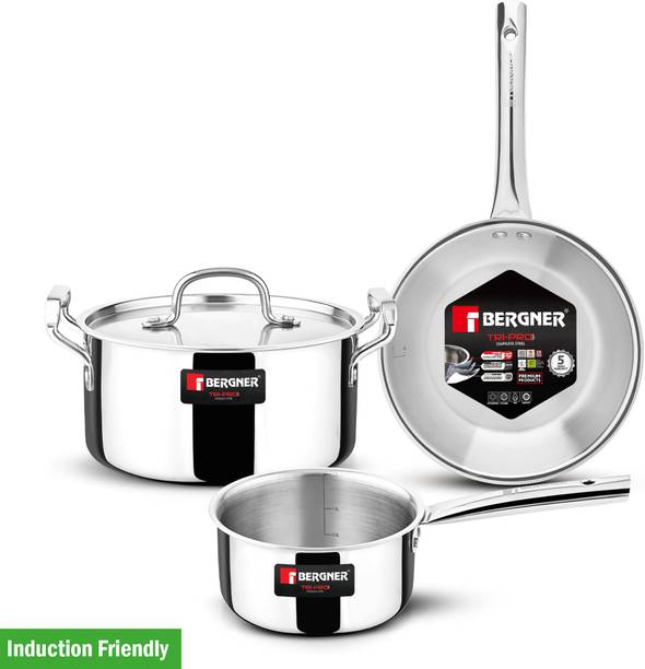 BERGNER Tripro Triply Cookware Set of 4 Pcs, Sturdy Stay Cool Handle, Healthy Cooking, Induction Bottom Cookware Set