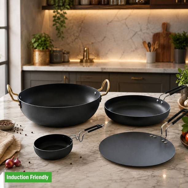 Dozy Iron Cookware Set of 4 (Kadhai, Fry Pan, Flat Tawa & Tadka Pan) Induction Bottom Non-Stick Coated Cookware Set