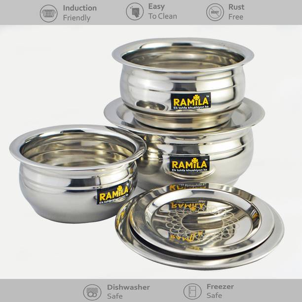 RAMILA Pack of 6 Stainless Steel Dinner Set Handi With Lid-Capacity 1400ml,900ml,600ml Dinner Set