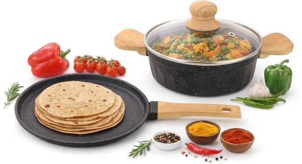 SWIFT 3pcs Combo Cookware Set Tawa + Pot with Glass Lid, Wooden Handles Induction Bottom Non-Stick Coated Cookware Set