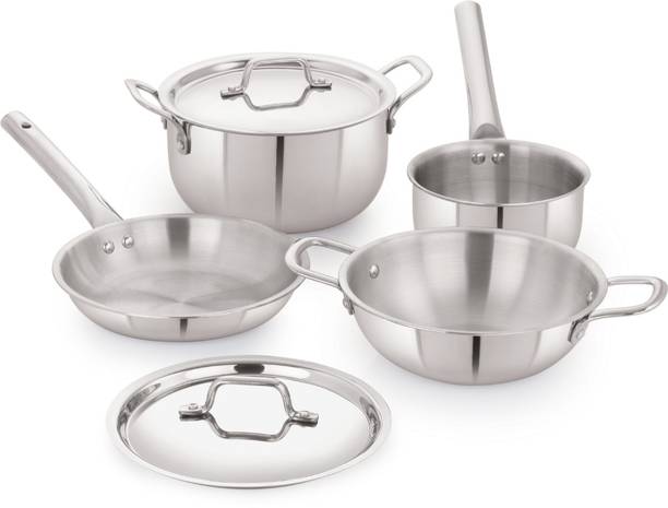 iVBOX Platina-Pro 6pcs Triply Steel FryPan, Milk Pan, Casserole and Kadhai With Lid Induction Bottom Cookware Set