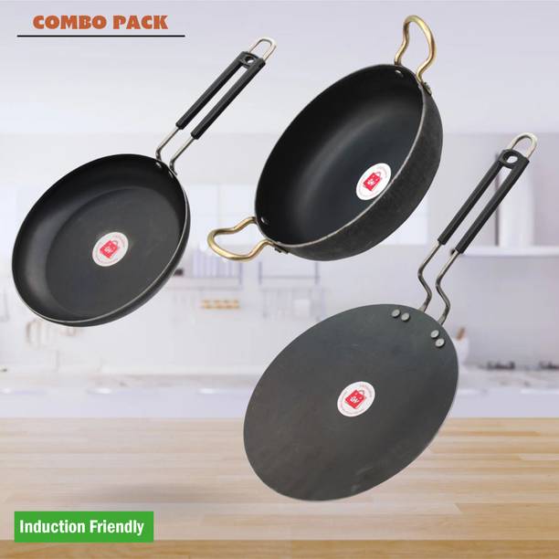 LAZYwindow Traditional Iron Fry Pan, Tawa And Deep Bottom Kadhai Induction Bottom Cookware Set