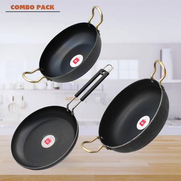 LAZYwindow Traditional Iron Deep Bottom Kadhai And Fry Pan Induction Bottom Cookware Set