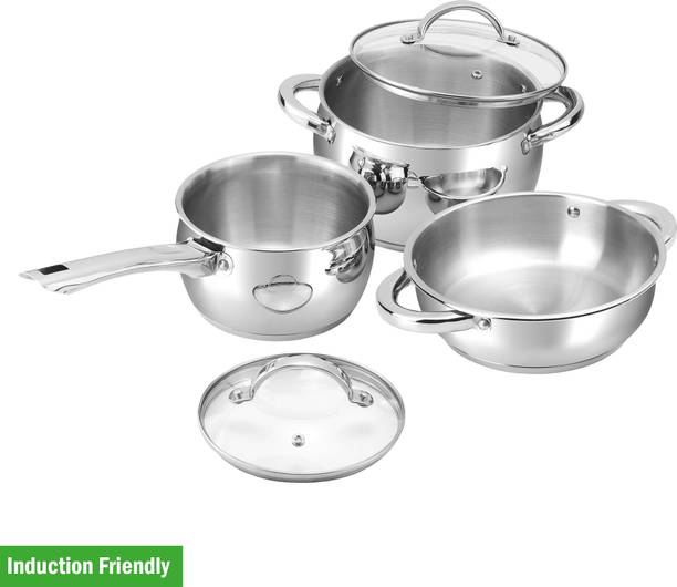 VINOD Letten Stainless Steel 3 Pc Cookware Set – Kadai, Saucepan, Saucepot with Lid Induction Bottom Non-Stick Coated Cookware Set