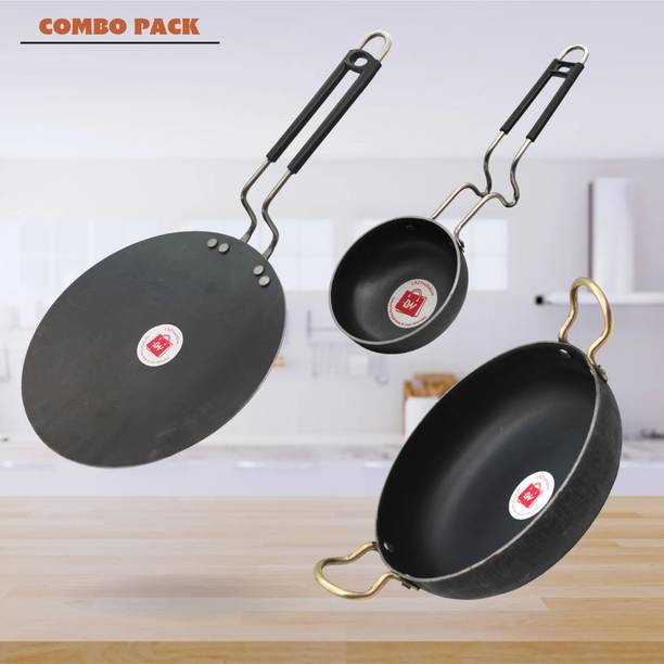 LAZYwindow Traditional Iron Tawa / Tadka Pan with Grip type Handle & Deep Bottom Kadhai Induction Bottom Cookware Set