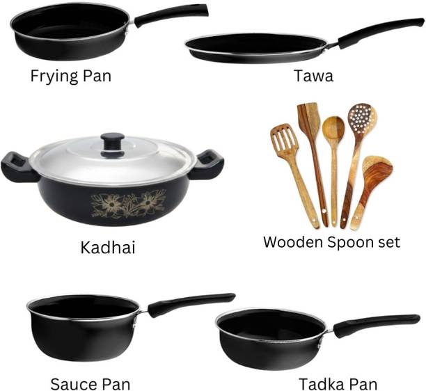 Kashvi Versatile Cooking Set Kadahi,Fry Pan,Tadka Pan,Sauce Pan,Tawa & Wooden Spatulas Induction Bottom Non-Stick Coated Cookware Set