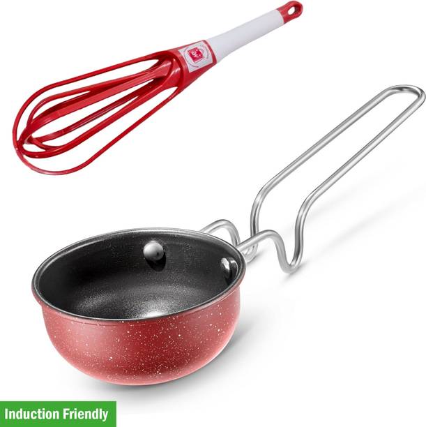 LAZYwindow Nonstick Tadka Pan & Foldable Plastic Whisker Beater Hand Blender Mixer Induction Bottom Non-Stick Coated Cookware Set
