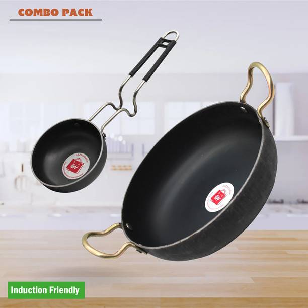 LAZYwindow LAZYwindow Iron Tadka Pan and Deep Bottom Kadhai Set with Base Black Finish Induction Bottom Cookware Set