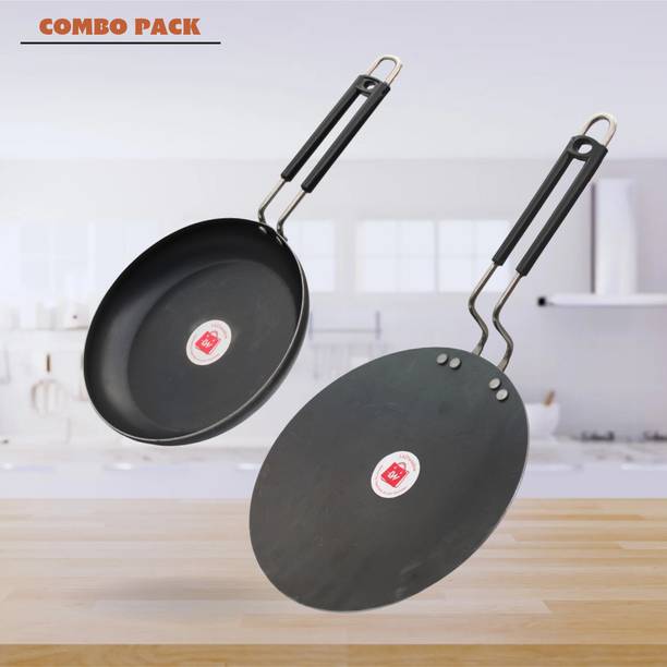 LAZYwindow Traditional Iron Fry Pan And Tawa with insulated Handle Induction Bottom Cookware Set