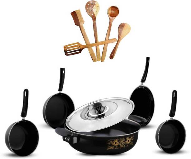 Kashvi Deluxe Kadhai with Lid, Fry Pan, Sauce Pan, Tadka Pan, Tawa with Wooden Spoons Induction Bottom Non-Stick Coated Cookware Set