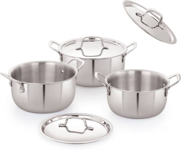 iVBOX Platina-Pro Triply Steel 3Pcs Casserole Pot Kadhai Pan 3.2L , 4.4L & 5.4L Induction Bottom Cookware Set