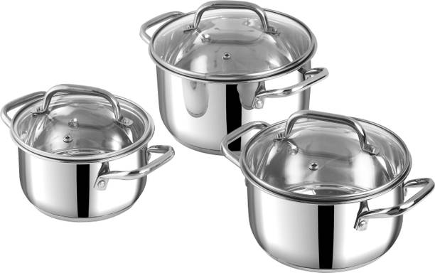 VINOD Mainz SS Cookware Set of 3-1.2, 2, 2.7L Saucepots with Glass Lids Induction Bottom Non-Stick Coated Cookware Set