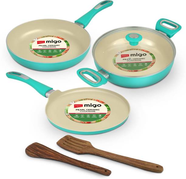 IMPEX Ceramic Cookware set 6 Pcs | Turquoise | Tawa, Frypan, Kadai, Spatula & Lid | इंडक्शन बॉटम कुकवेयर सेट