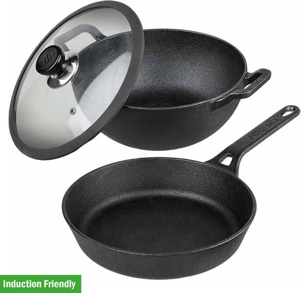 VINOD Legacy Pre Seasoned Cast Iron Combo Set of 2-24cm Frypan, 3.3 Litre Kadai Induction Bottom Cookware Set