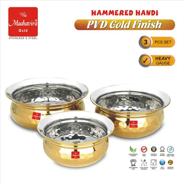 Maahavira Gold Gold Hammered Handi Set 3pcs (450/650/750ml) SS PVD Bowls Cookware Set