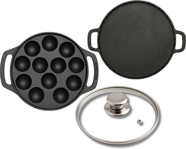 Human Hydro IronCure Cast Iron Tawa 30 CM & 12-Pit Paniyaram Pan with Lid Induction Bottom Cookware Set