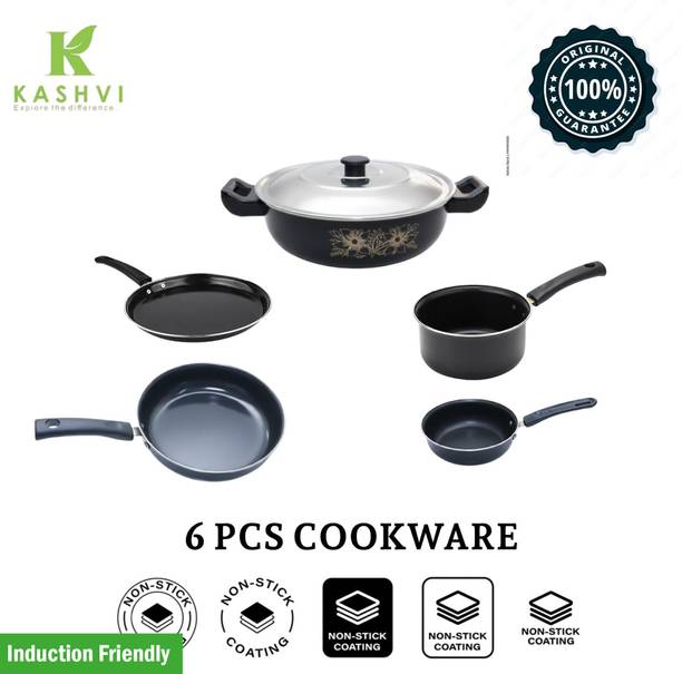 HouseOfCommon K kadai with Lid, tawa Sauce pan, Fry - Frying Pan, Tadka Pan | Cast iron Induction Bottom Non-Stick Coated Cookware Set