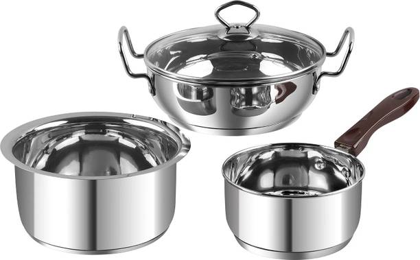 VINOD Stainless Steel Induction Friendly 3 Pcs Induction Bottom Non-Stick Coated Cookware Set