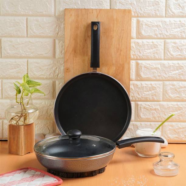 Kreme DELUXE 3mm NonStick Induction Bottom Fry Pan 240 + 250 Tawa Set of 2 pcs Induction Bottom Non-Stick Coated Cookware Set