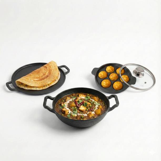 Human Hydro IronCure 7-Pit Paniyaram Pan with Glass Lid, 30CM Dosa Tawa & 23CM Kadai Induction Bottom Cookware Set