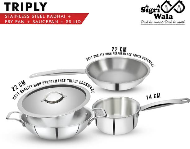 Sigri-wala Cook Healthy Triply 4pcs Combo Kadai 22cm,Fry Pan 22cm,Sauce Pan 14cm,LID 22cm Induction Bottom Cookware Set