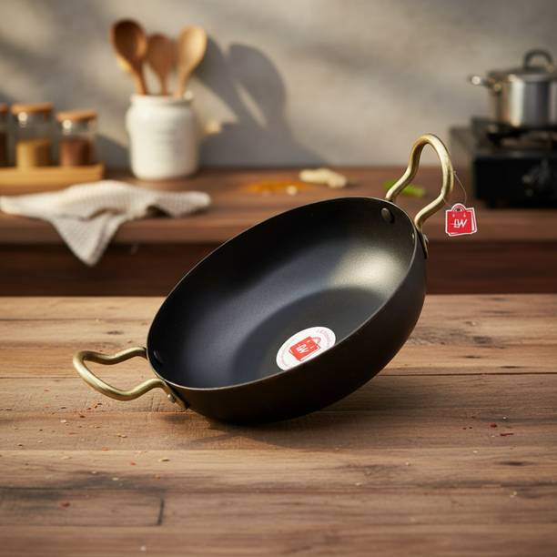 LAZYwindow Traditional Iron Deep Bottom Kadhai with Handle Dia 19 cm Induction Bottom Cookware Set