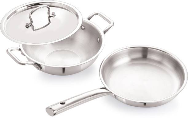 iVBOX Platina-Pro 3pcs Triply Steel Fry pan and Kadhai With Lid इंडक्शन बॉटम कुकवेयर सेट