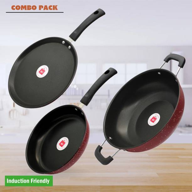 LAZYwindow Premium Quality Nonstick Fry Pan/Tawa And Kadhai Combo (Black And Base Maroon) Induction Bottom Non-Stick Coated Cookware Set